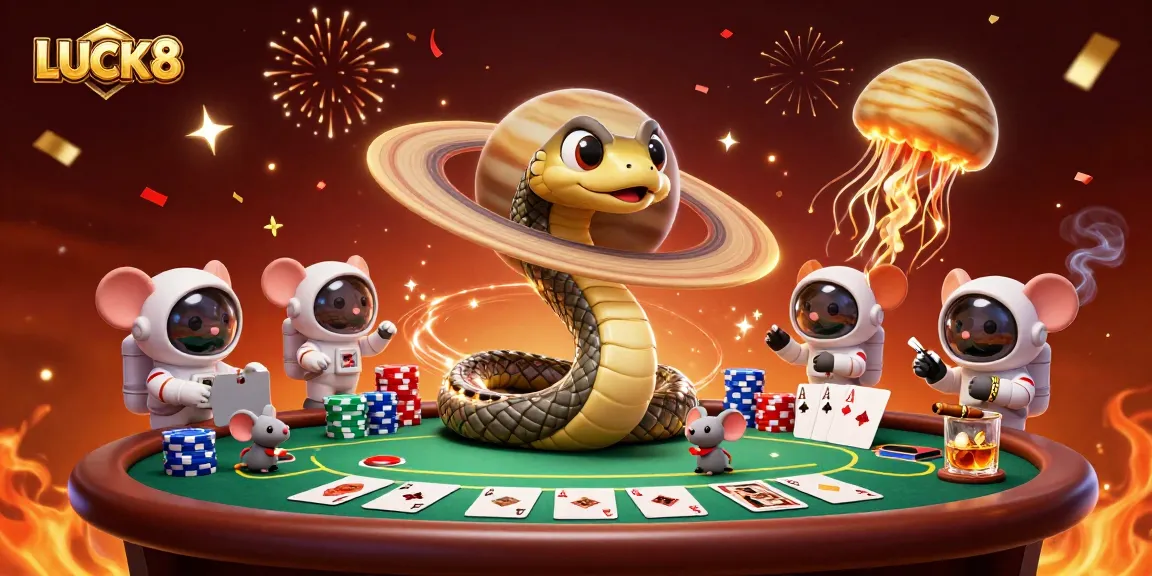 Bet on LUCK8 with a cosmic twist as astronaut mice engage in a vibrant casino scene.