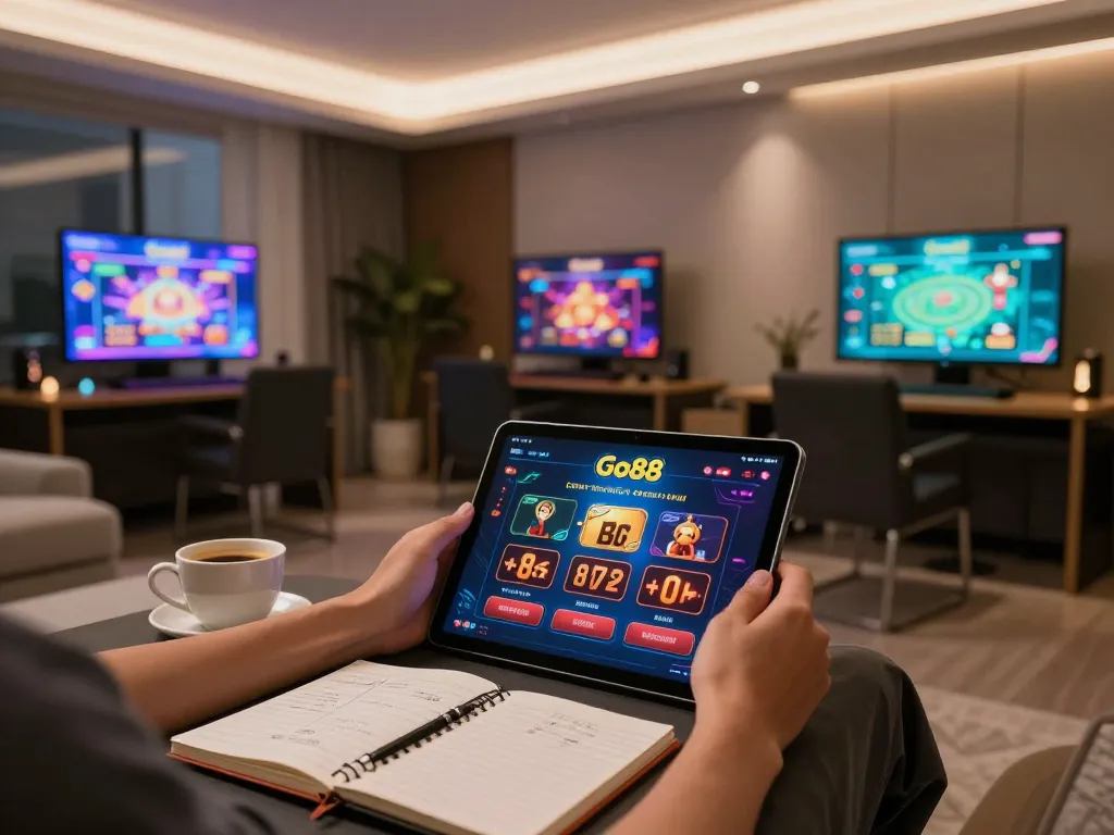 Engaging with Go88's casino app on a stylish tablet during a cozy gaming session at home.