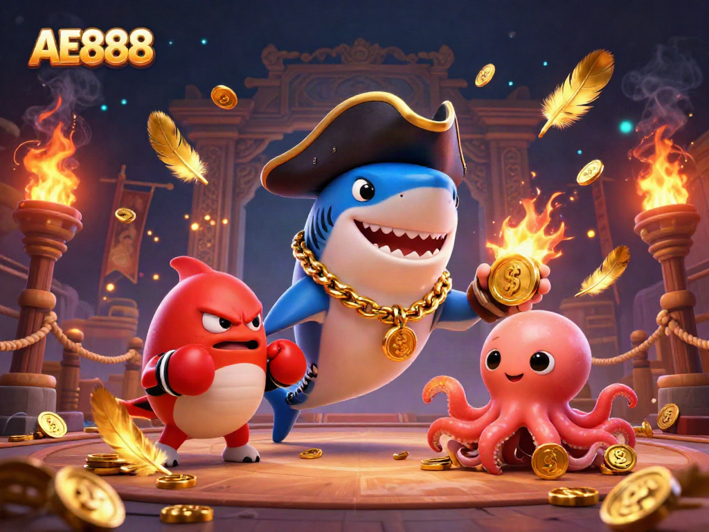Spin and win with AE888 in this lively 3D illustration featuring a pirate shark, pufferfish, and octopus.