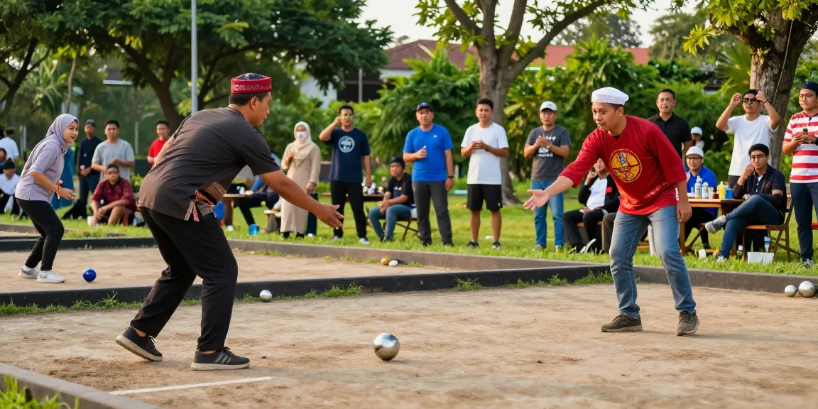 Engaging petanque match at fopikotapalu.org, players enjoying a vibrant outdoor game in a lush park setting.
