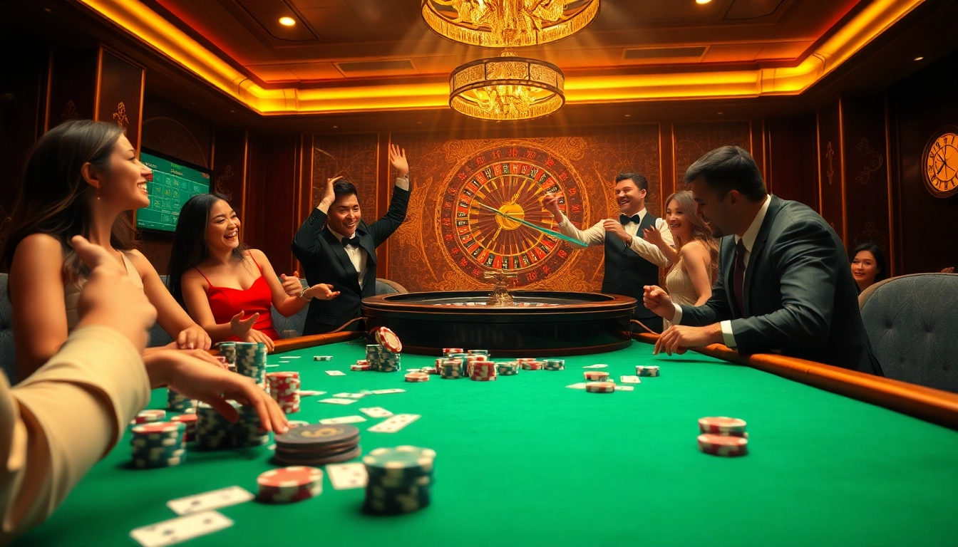 Exciting gaming scene at https://hz88mie.com showcasing a vibrant casino atmosphere with cards and roulette.