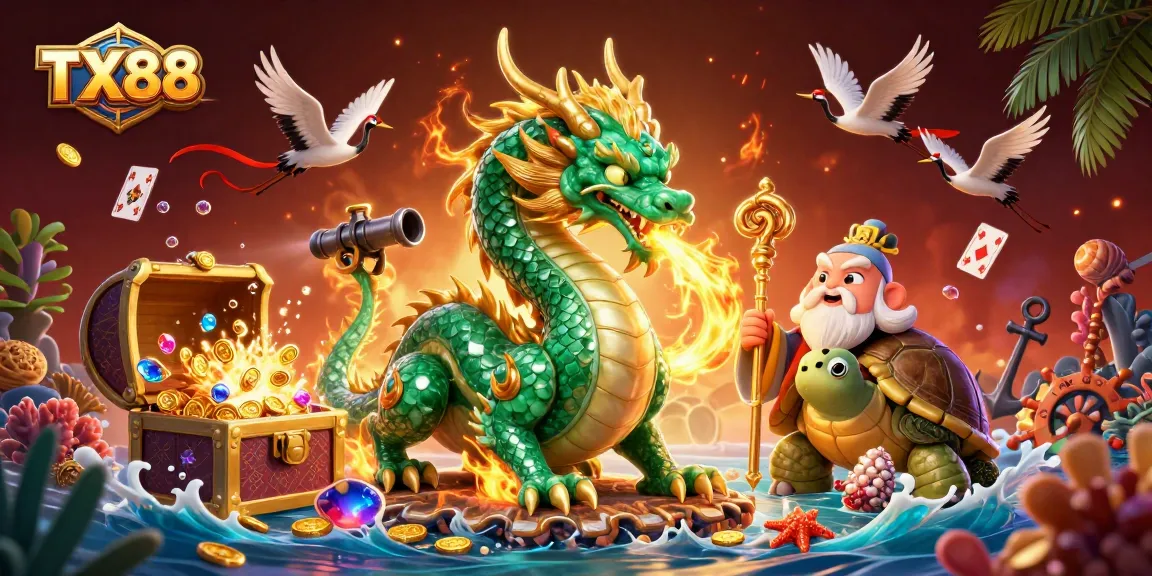 Experience the excitement of TX88, where legendary dragons and playful turtles meet vibrant casino elements.
