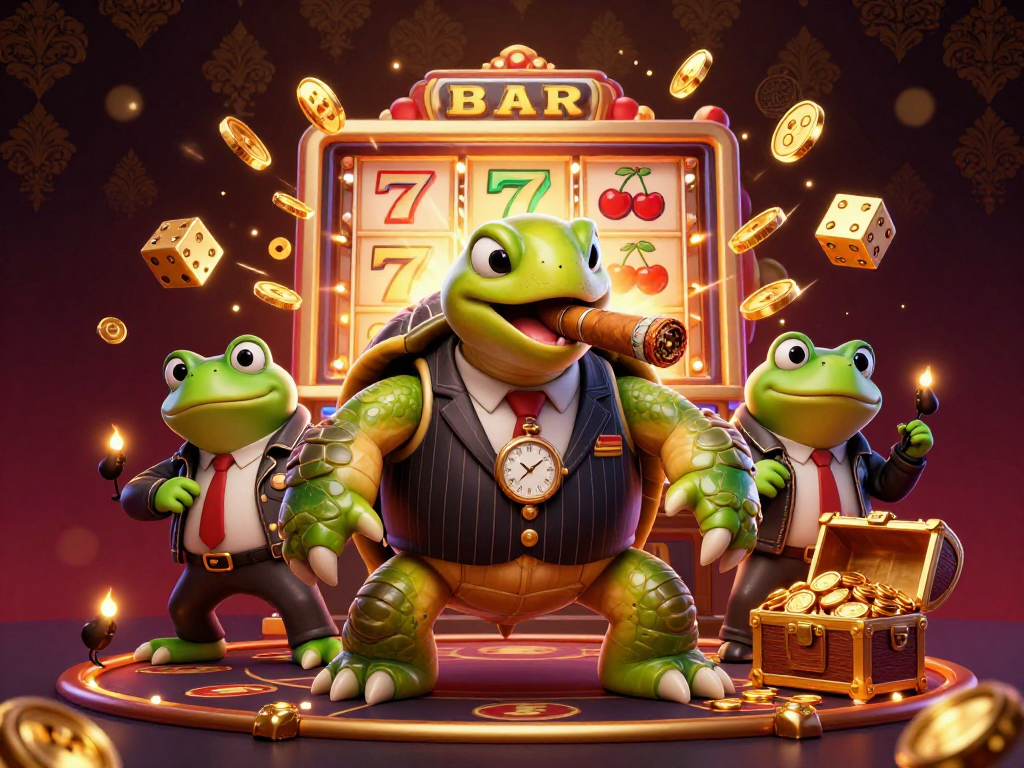 Win with sunwin at an exciting cartoon casino scene featuring a clever snapping turtle and dynamic elements.