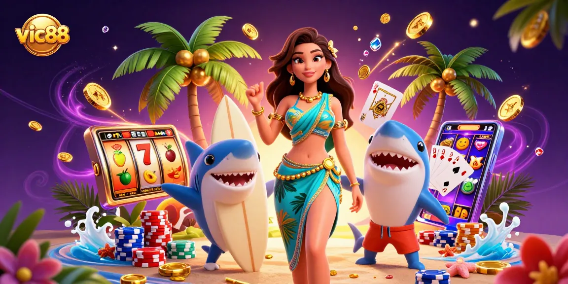 Engage with vic88's thrilling slots and jackpots showcased by vibrant characters and gold coins.