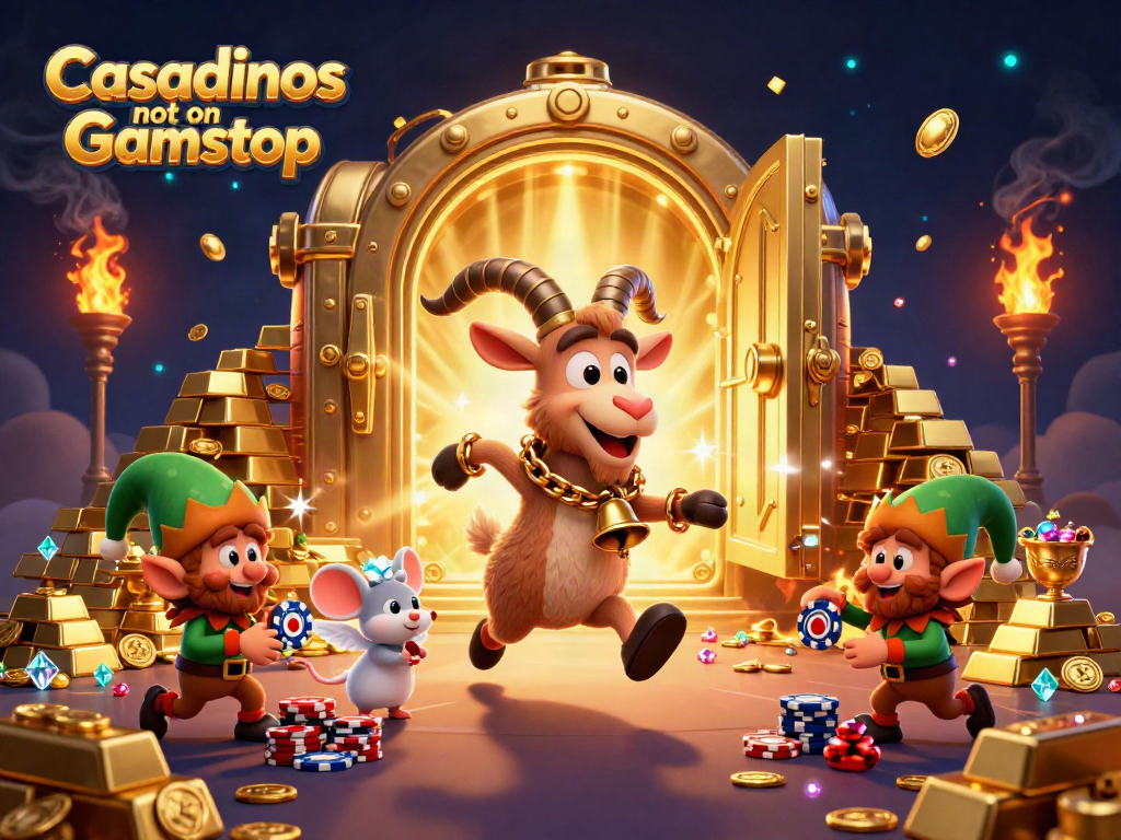 Experience the thrill of Casinos not on Gamstop with festive 3D cartoon characters in a vibrant casino scene.