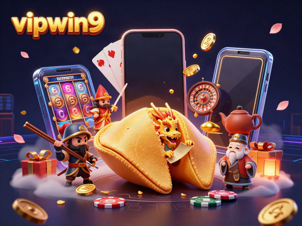 Experience the excitement of vipwin9 with a vibrant casino scene featuring a golden fortune cookie and gaming elements.