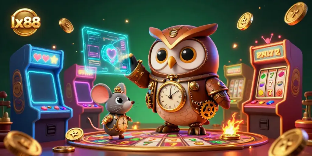 Engage with lx88's vibrant casino universe featuring a time-traveler owl in steampunk style.