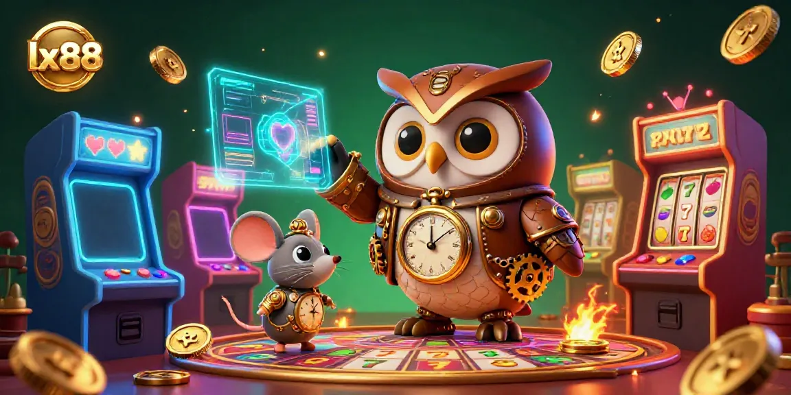 Engage with lx88's vibrant casino universe featuring a time-traveler owl in steampunk style.