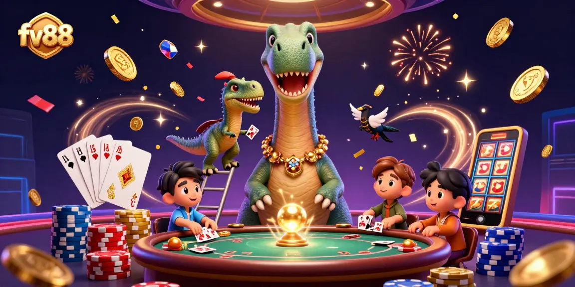 Experience excitement with fv88 as the brontosaurus watches a clever raptor deal cards at the poker table.