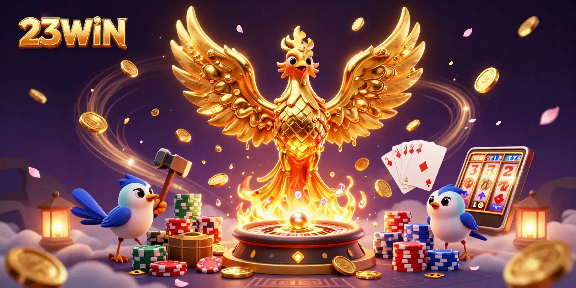 Experience the excitement of 23WIN with cascading coins and a golden phoenix in a vibrant casino scene.