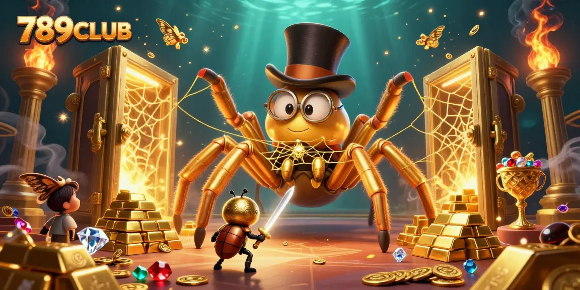 Experience the thrilling excitement of 789CLUB with a golden tarantula and beetle knight in a dynamic casino scene.