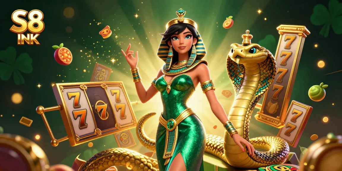 Experience thrilling slots with S8 INK's captivating woman and golden cobra in a dynamic 3D casino scene.
