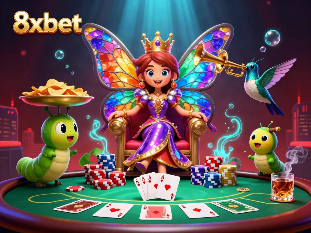 Engage with vibrant 8xbet gaming scene featuring a royal butterfly queen and poker elements.