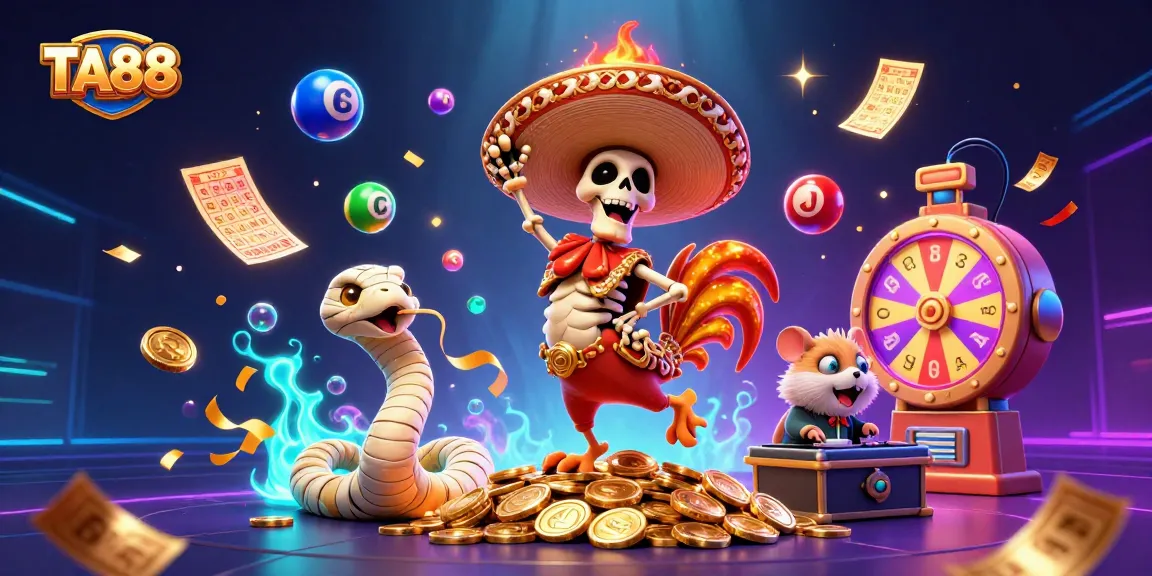 TA88 jackpot celebration scene with a mariachi rooster, mummy snake, and DJ hamster amidst vibrant casino elements.