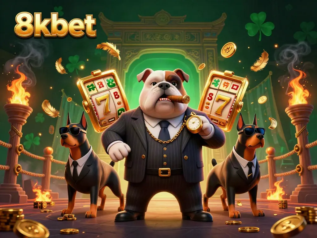 Engaging 3D scene showcasing 8xbet with mafia boss bulldog and Doberman pinschers amid casino excitement and golden elements.