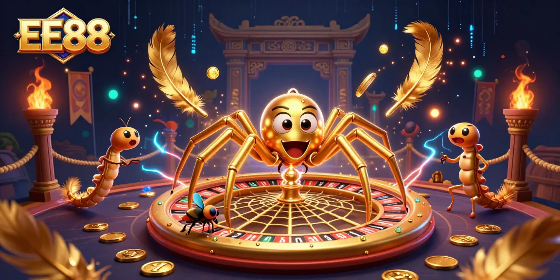 Place bets at the EE88 casino with golden spider and roulette inspired web.
