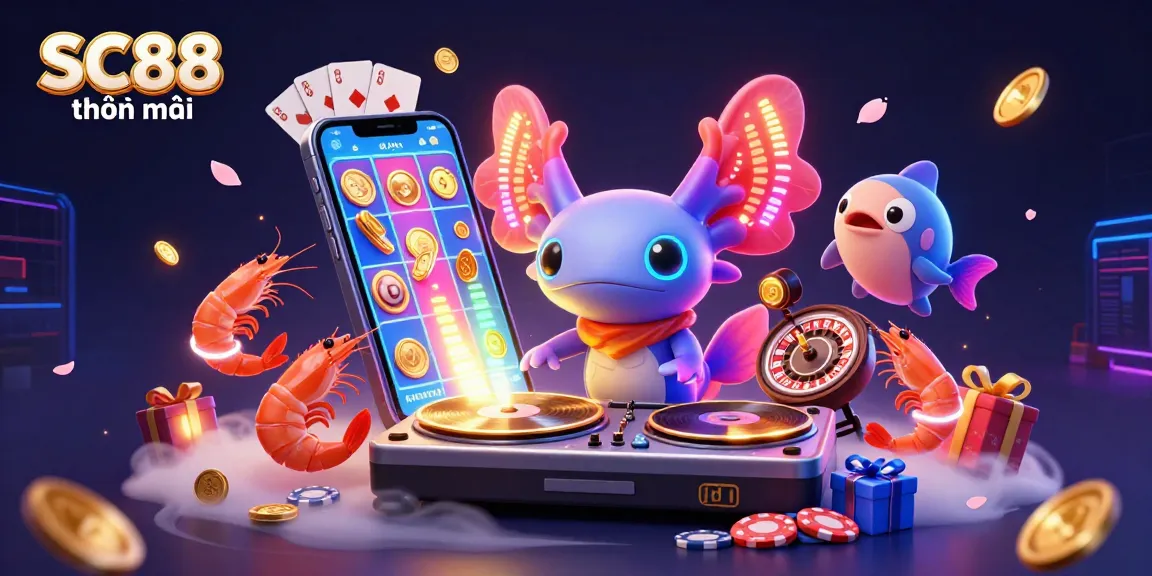 Experience SC88 khuyến mãi with vibrant 3D casino illustration featuring an axolotl DJ, dancing shrimp, and a glowing slot game scene.