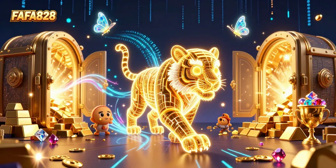 Experience thrilling gameplay with FAFA828's animated casino adventure in a vibrant, digital landscape.