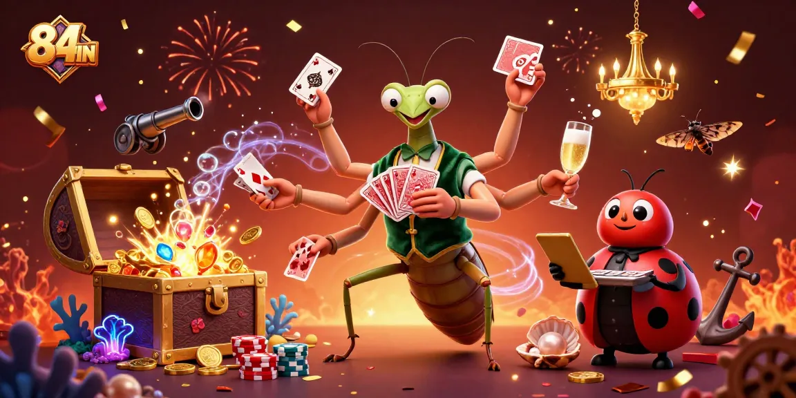 Experience exhilarating gameplay at 84WIN, where giant cartoon characters deal cards and celebrate victories.