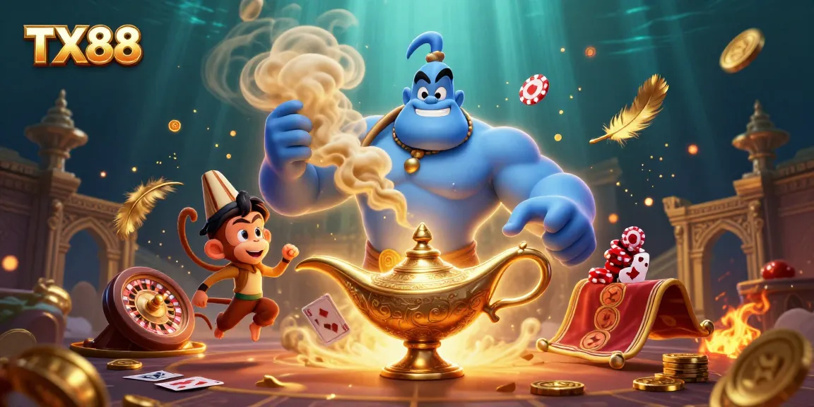 Engage in thrilling gameplay with TX88's vibrant casino scene featuring a bustling genie, monkey, and poker chips.