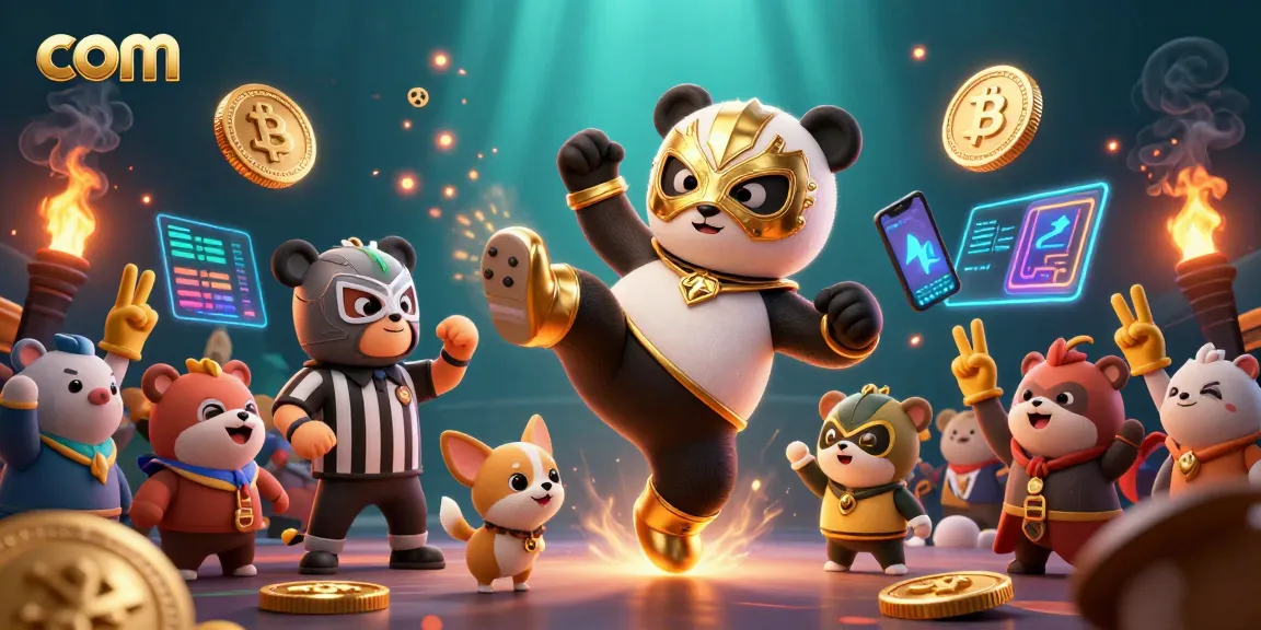 Experience thrilling moments at F8BET com, where panda wrestlers leap into action amid vibrant crypto graphics!