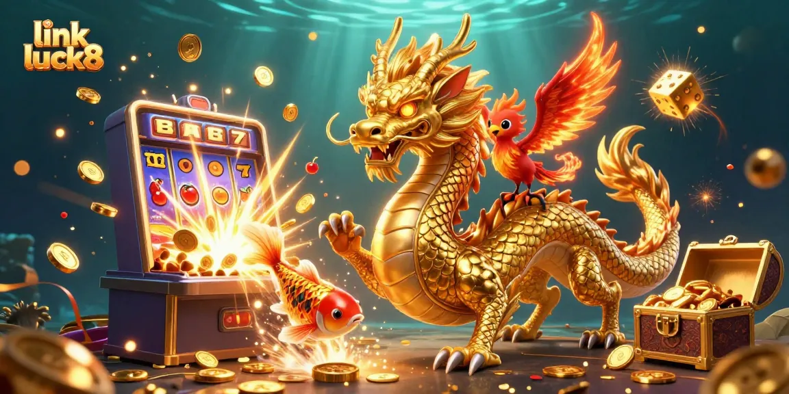 Experience exciting jackpots at link luck8 with a vibrant 3D casino scene featuring a golden dragon and slot machines.