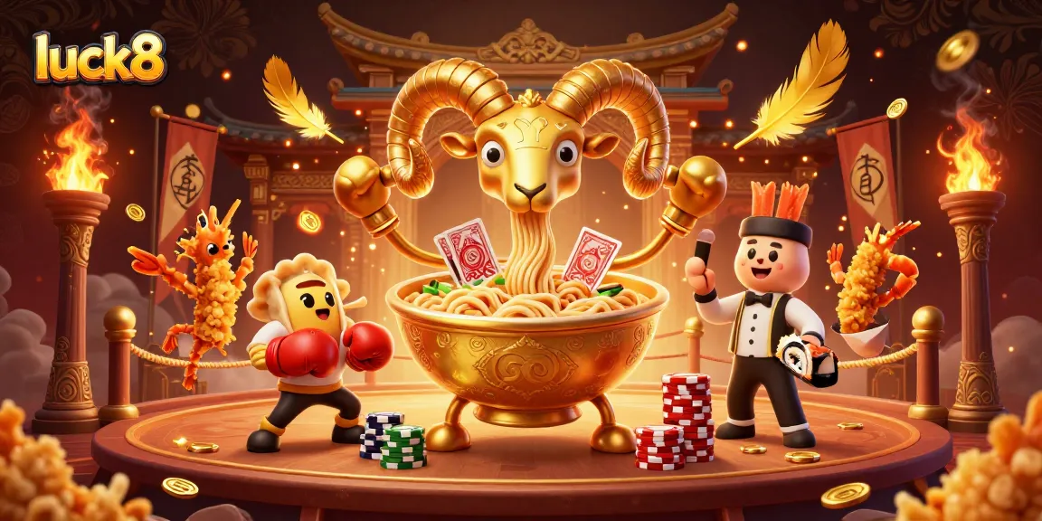 Experience luck8's thrilling action with giant ramen bowl dealers in an explosive casino scene.