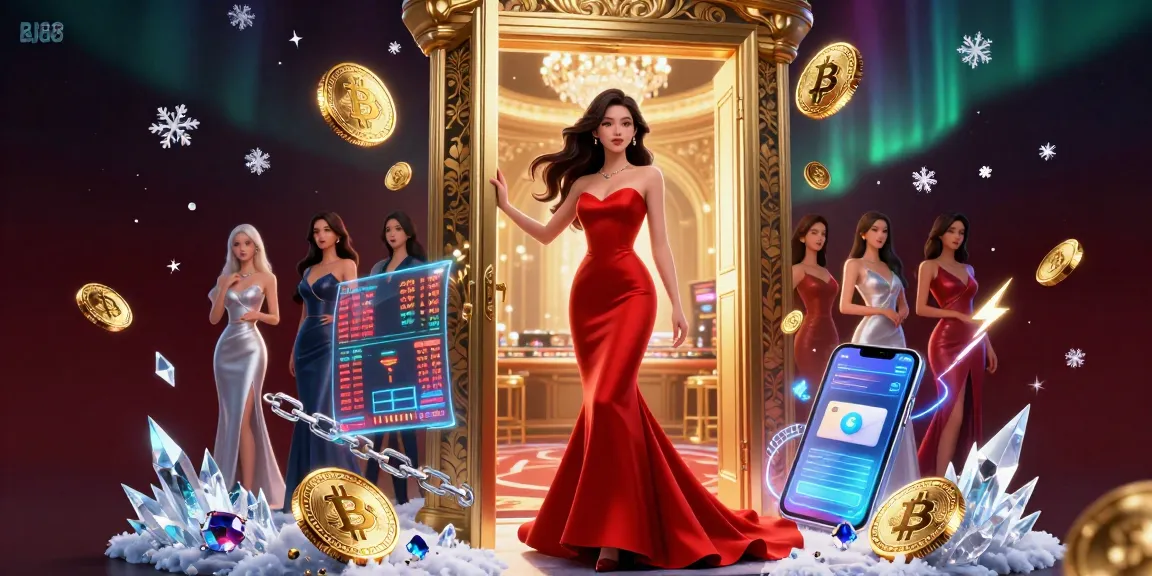 BJ88 casino experience showcasing a stunning woman in a red gown in a VIP doorway, surrounded by crypto elements.