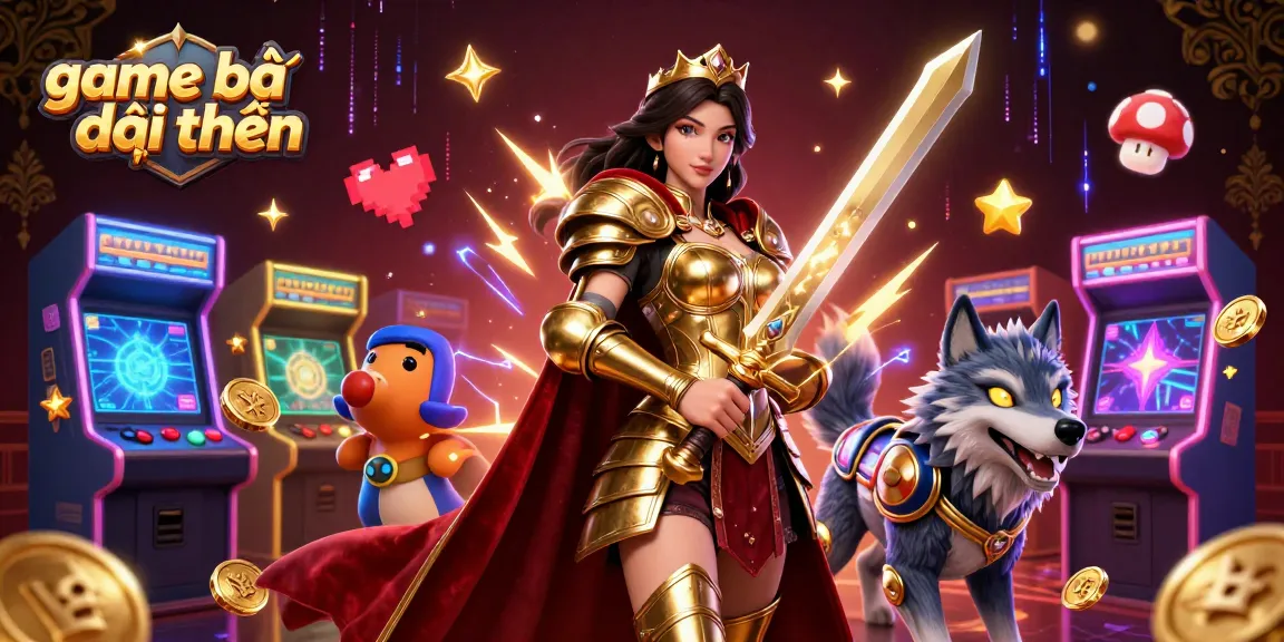 Engage in exciting game bài đổi thưởng with vibrant arcade machines and a captivating warrior queen.