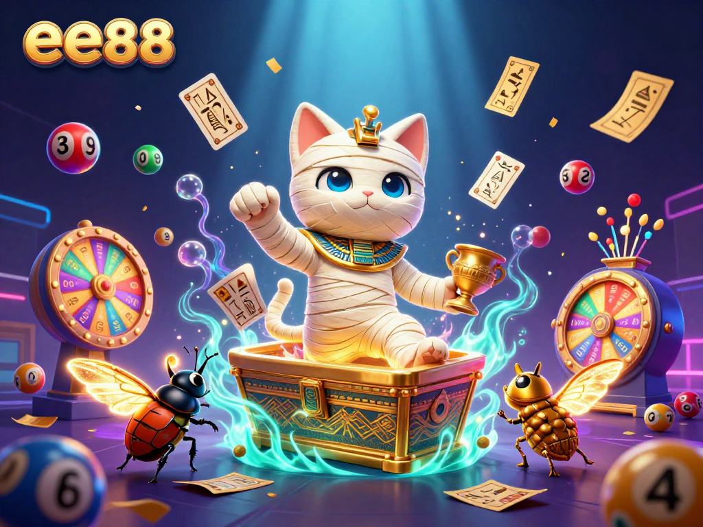 Experience the thrill of ee88 with a lively scene of a mummy cat and lottery elements in a casino.