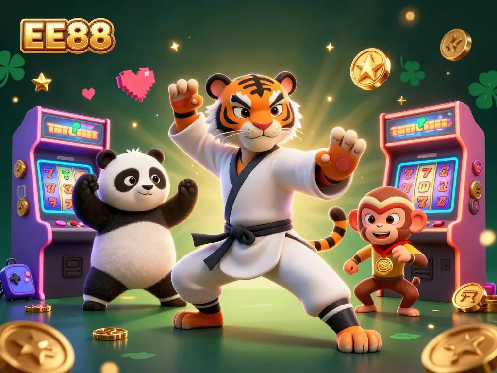 Engage with the exciting world of EE88, featuring a kung fu tiger master with casino elements and vibrant 3D visuals.
