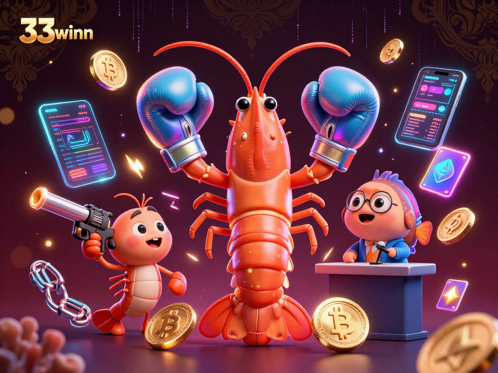 Engage with 33winn's vibrant online casino experience featuring colorful characters and cryptocurrency elements.