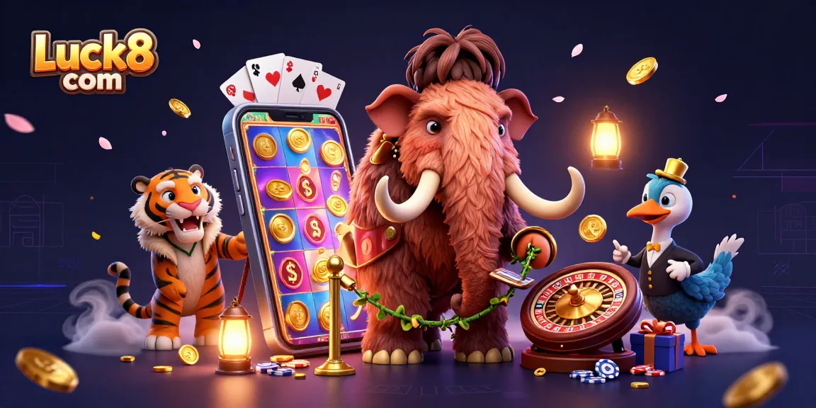 Engage with the vibrant action of Luck8 com featuring a woolly mammoth, saber-tooth tiger, and dodo bird at a dynamic casino.