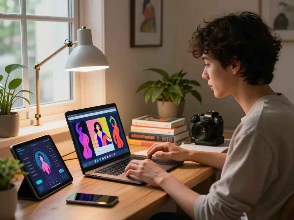 Engaging interaction with an AI chatbot focused on sex AI in a cozy home office setting.