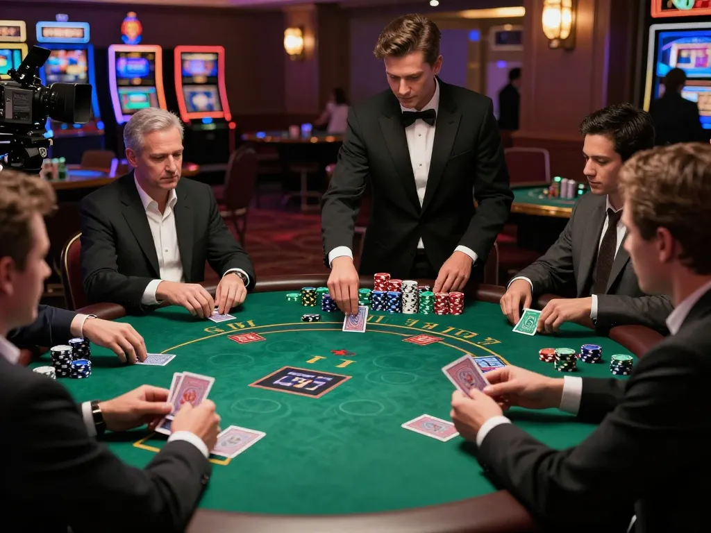 Players enjoying a thrilling blackjack game at a casino table, capturing the essence of 7mcn gaming experience through strategic betting.