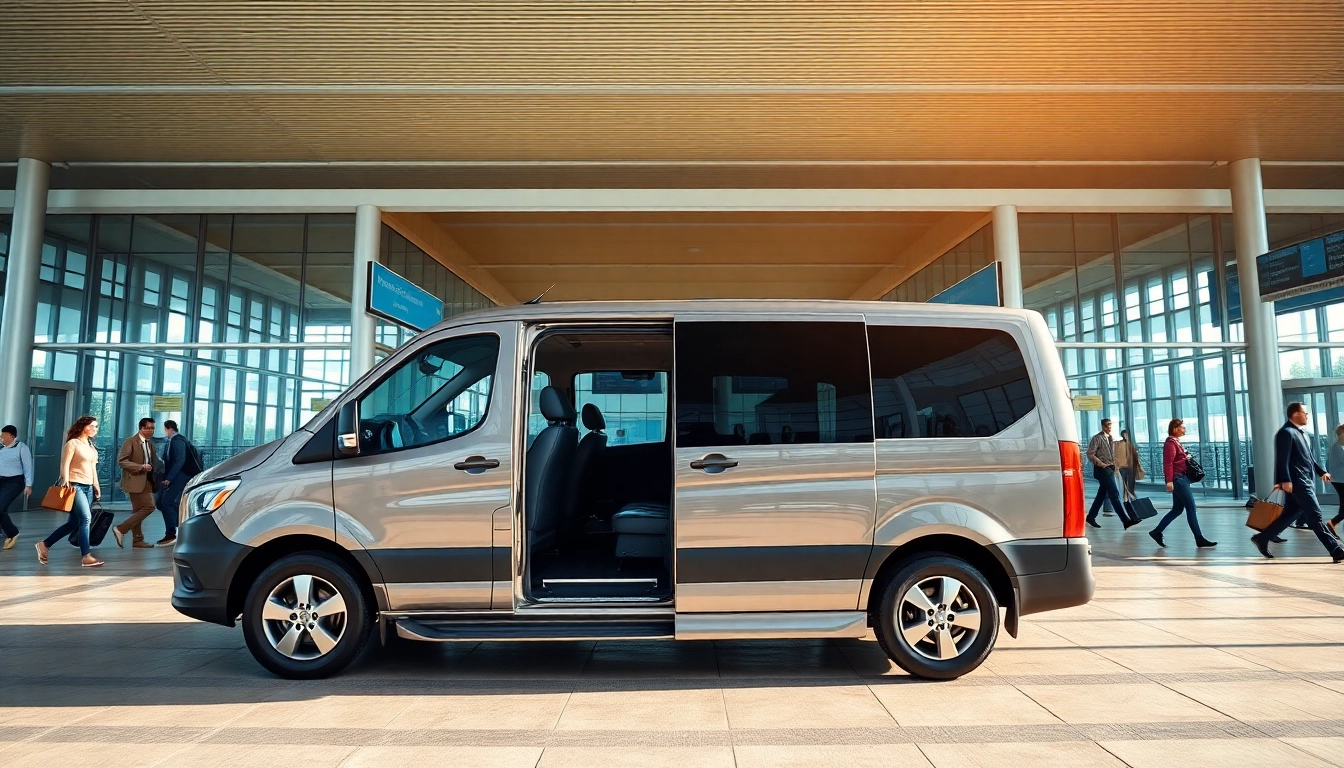 Efficient Airport Transfers showcased by a modern vehicle at the airport terminal.