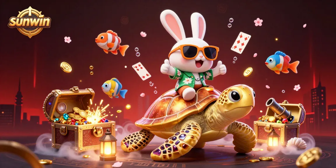 sunwin showcases a vibrant casino adventure featuring lucky rabbit and golden turtle amidst treasures.