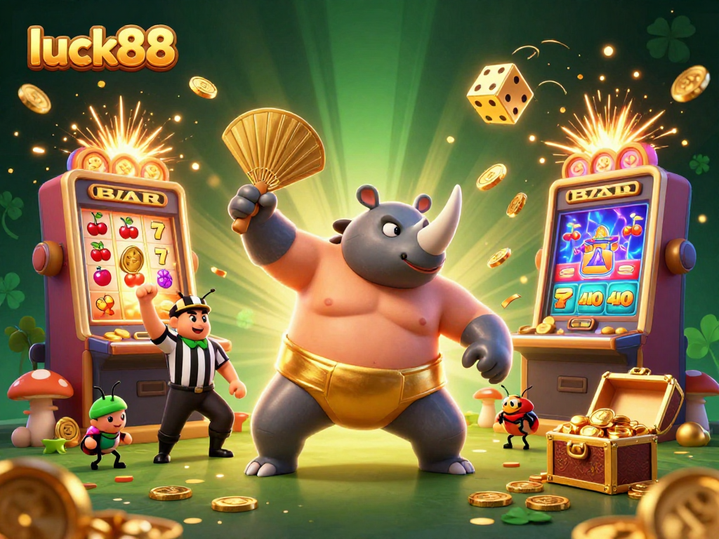 Experience luck88 excitement with a sumo beetle champion and slot machine frenzy at the casino.