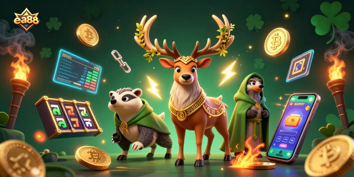 Engage with exciting ea88 gaming moments featuring Celtic druid stag, badger, and crypto elements.