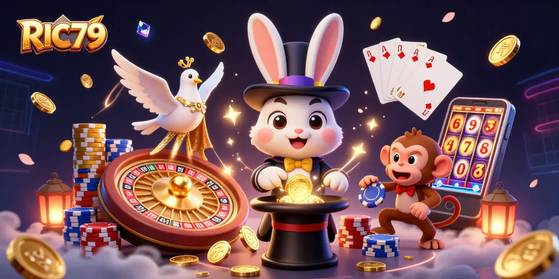 Engage with RIC79's vibrant casino experience featuring a magician rabbit and lucky gaming elements.