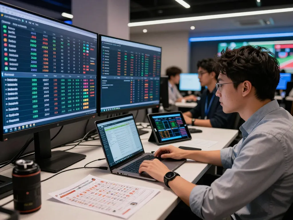 Sports analyst examining tỷ lệ kèo nhà cái 5 in a bustling gaming environment with real-time odds displayed.