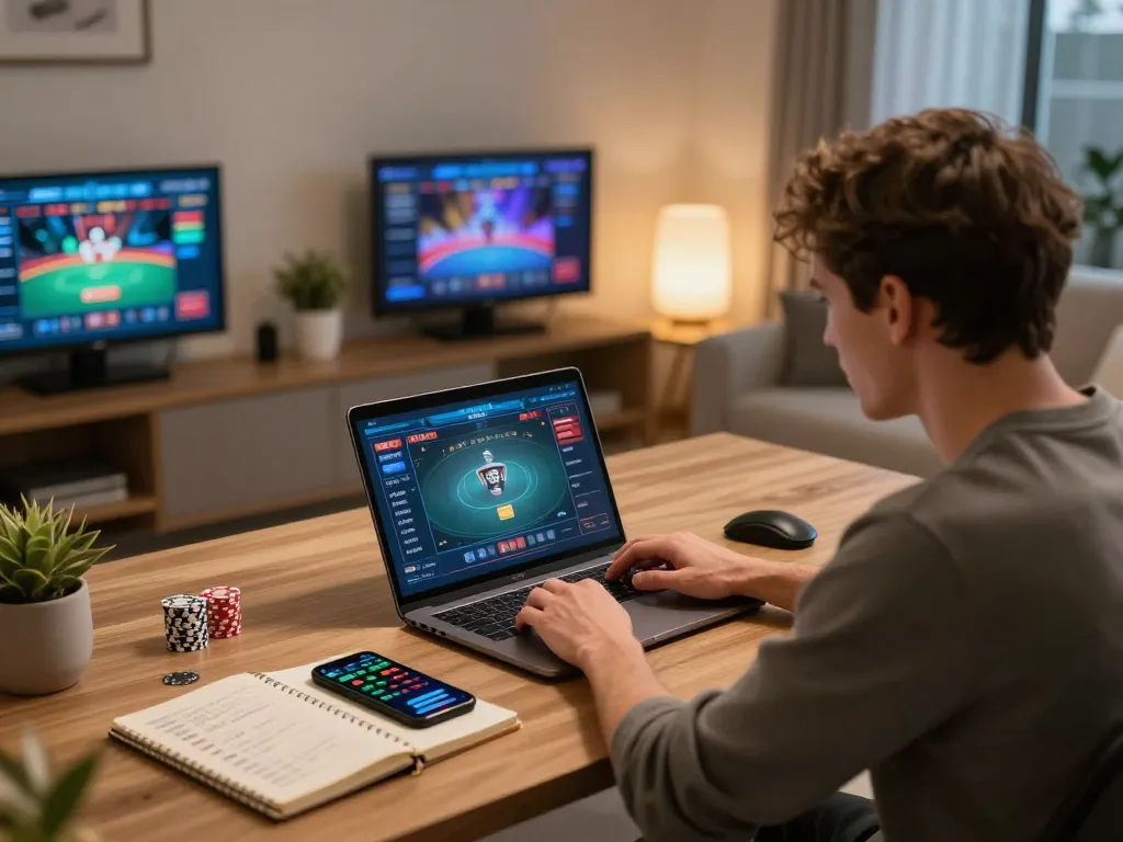 Engaging poker session on laptop featuring 7mcn strategies for better odds
