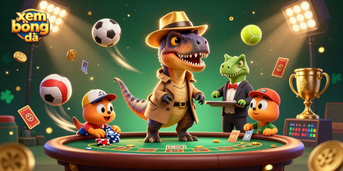 Xem bóng đá with a cartoon velociraptor card counter trying to gamble at a blackjack table while sports balls fly around.