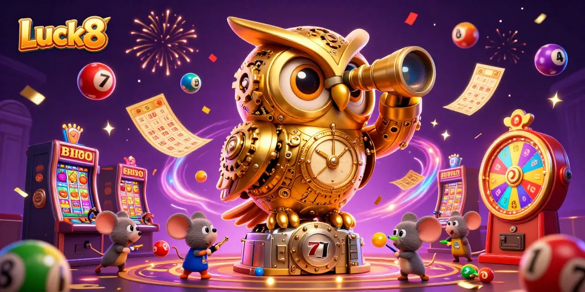 Experience the dynamic Luck8 casino atmosphere with a golden owl and lively characters amid vibrant gaming elements.