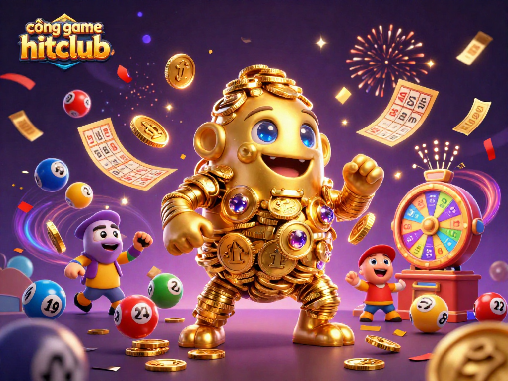 Engage with the vibrant world of cổng game hitclub featuring a cartoon golden golem surrounded by exciting casino elements.