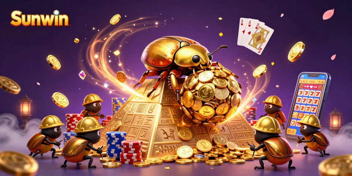 Experience Sunwin's thrilling casino adventure with a golden beetle rolling coins in this vibrant 3D scene.