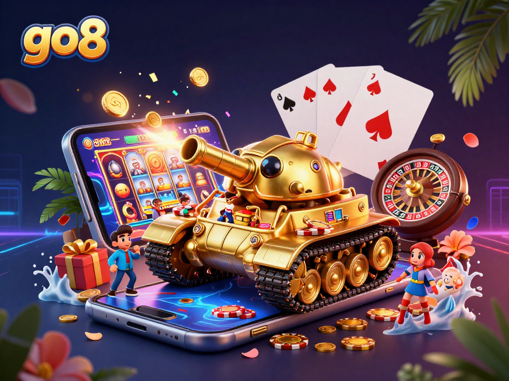 Experience the excitement of GO8 with a colorful casino scene and gold coins erupting from a smartphone.