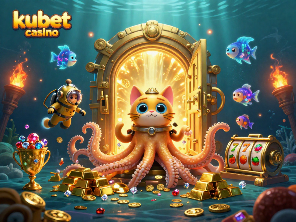 Win big at kubet casino with a colossal kraken, diving cat, and vibrant treasure scene.