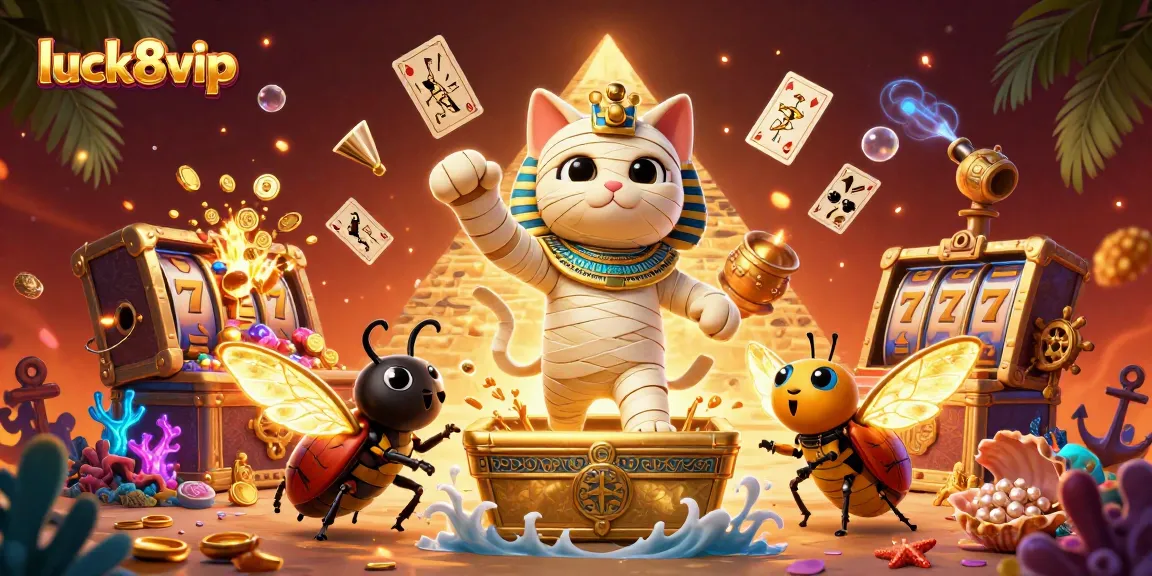 Spin the reels at luck8vip with an Egyptian mummy cat, revealing treasures in this vibrant casino scene.