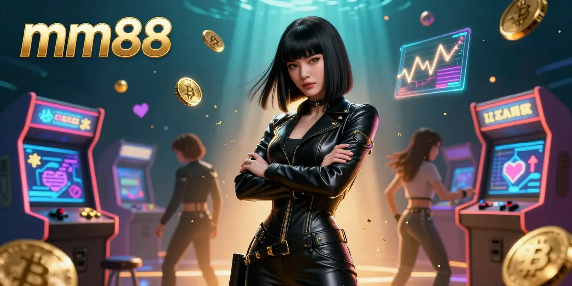 Experience mm88's vibrant gaming universe with a stunning Asian woman amidst glowing crypto coins and game elements.
